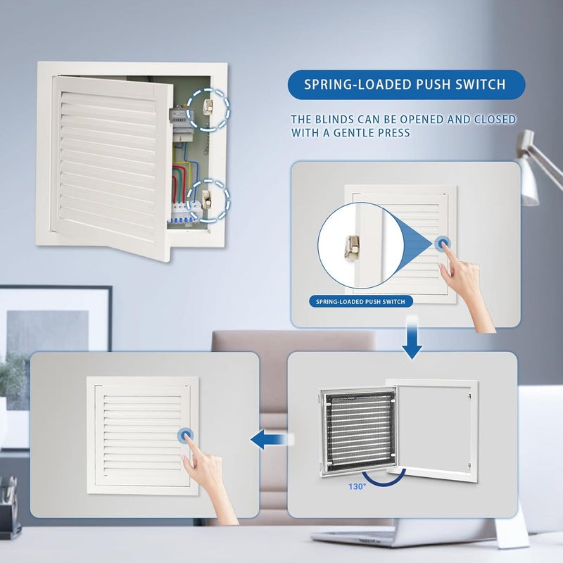 Crezone 17.4 x 17.4 Louvered Access Panel with Push-Button Switch - Access Panel with Vent - White Aluminum - Inside Dimensions: 16 x 16 inch - Image 4